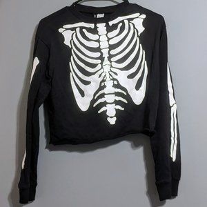 *3 For $10* Divided Long Sleeve Skeleton Crop Top - Black - XS